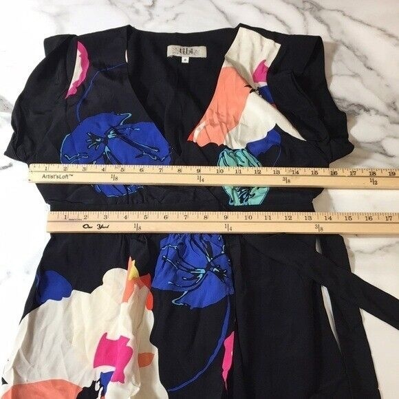 Tibi Black Blue Floral V Neck Silk Wrap Blouse Womens 0 Belted Short Sleeve - Picture 9 of 11